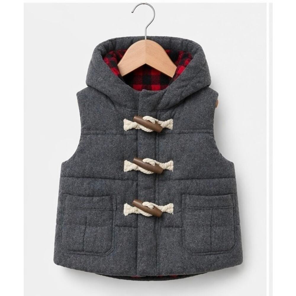 Baby Gap Gray Hooded Vest Buffalo Plaid Lined Toggle 0-6M